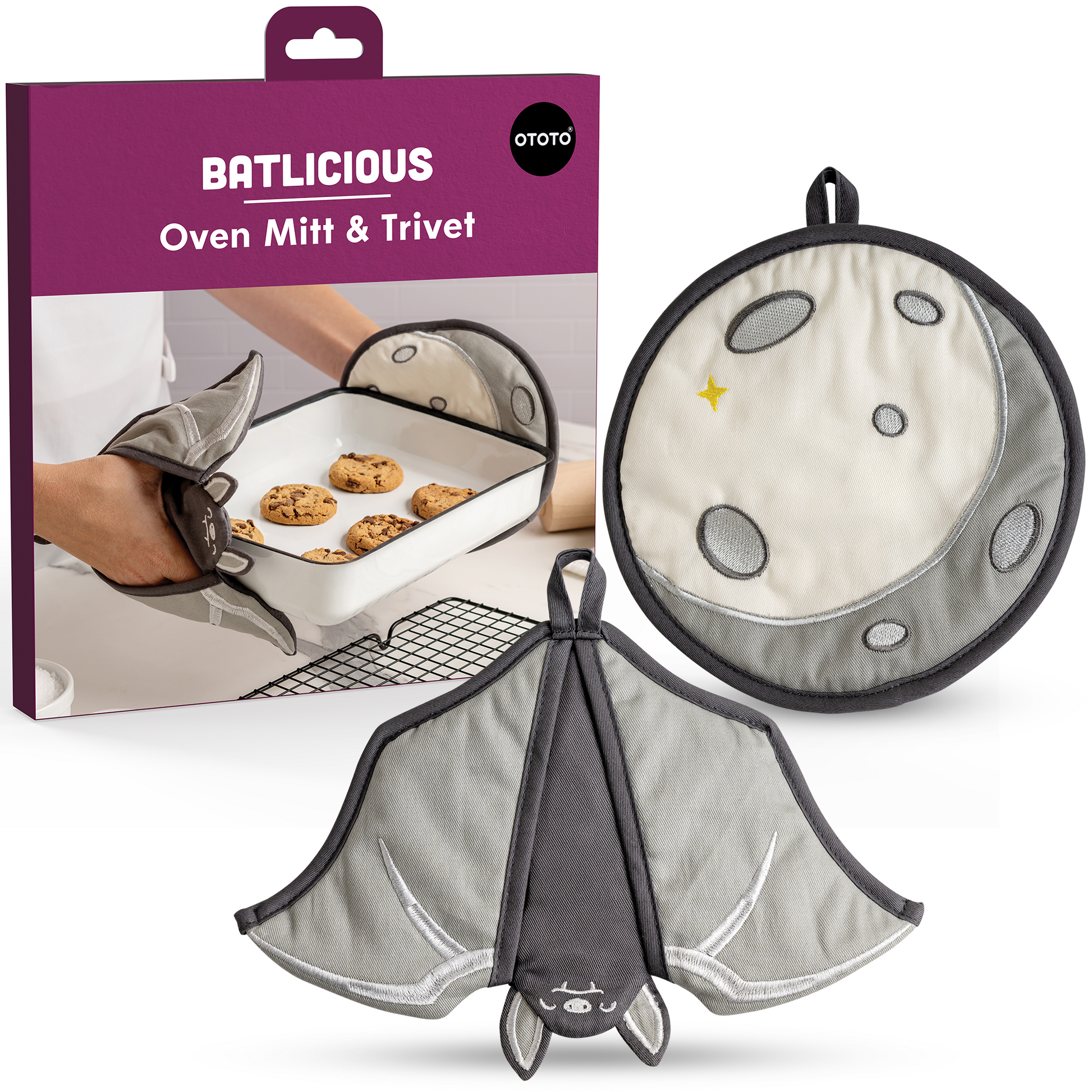 Batlicious bat-shaped oven mitt and moon trivet set adds gothic charm to your kitchen essentials.