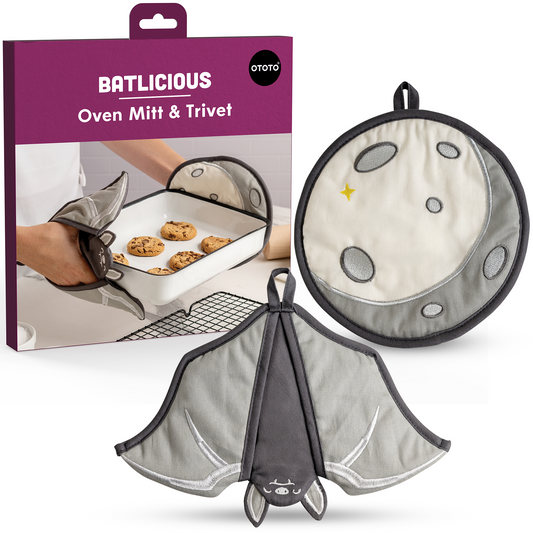 Batlicious bat-shaped oven mitt and moon trivet set adds gothic charm to your kitchen essentials.