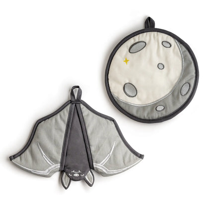 Batlicious pot holders: gothic bat and moon design in gray, cream, and yellow star accents.