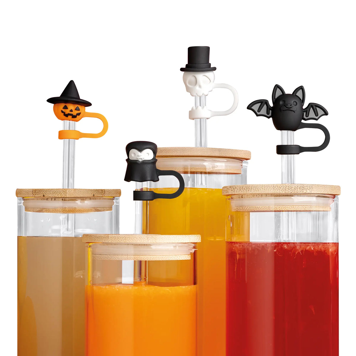 Four Boo Team drinks with lids, straws, and spooky Halloween accessories by OTOTO.