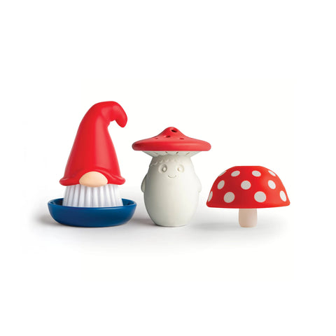 The Forest Trio includes three whimsical dish brushes—a gnome and two mushrooms—on a white background.
