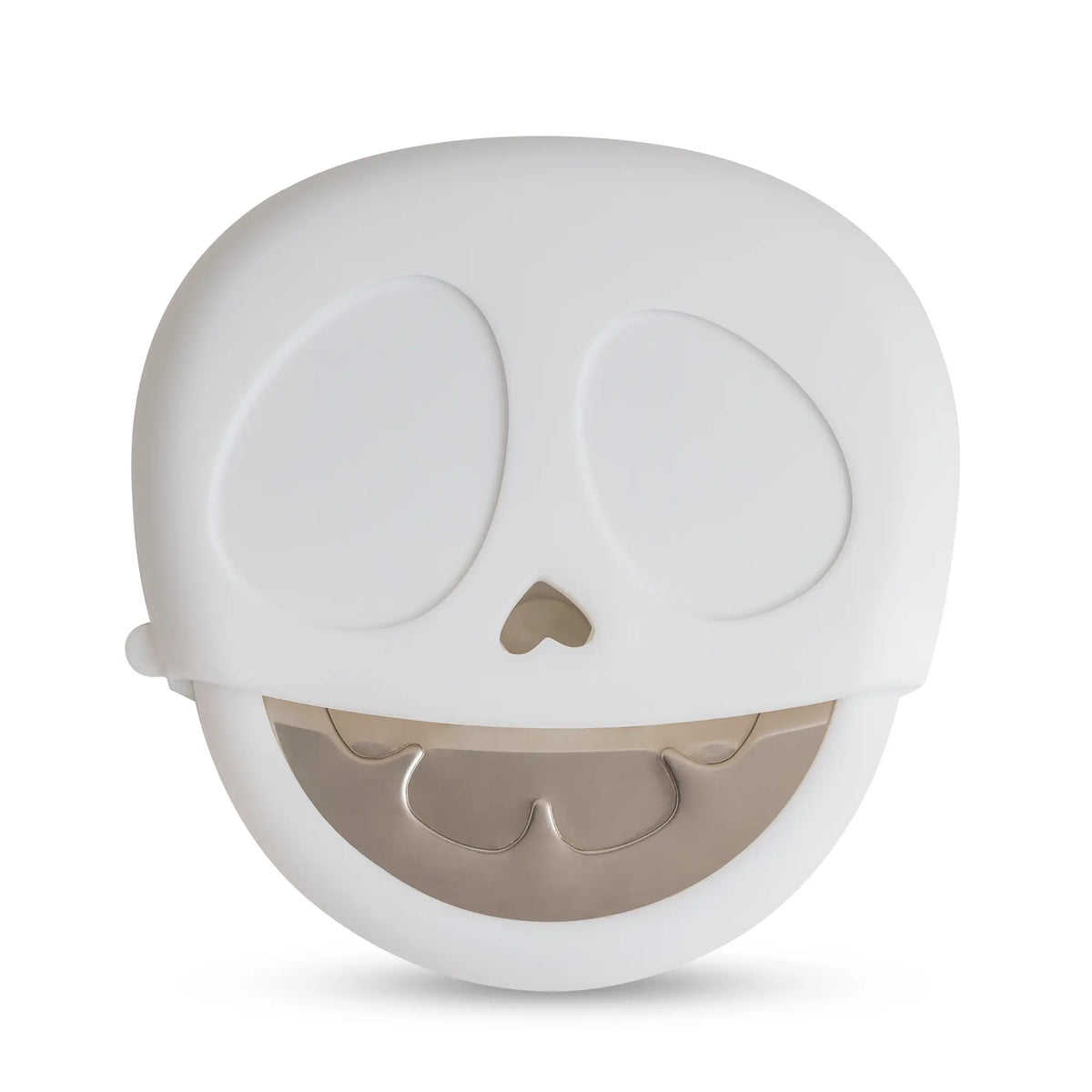 Slice Reaper: white skull-shaped pizza cutter with a smiling face and metal blade for the mouth.