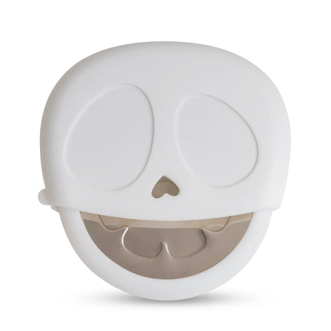 Slice Reaper: white skull-shaped pizza cutter with a smiling face and metal blade for the mouth.