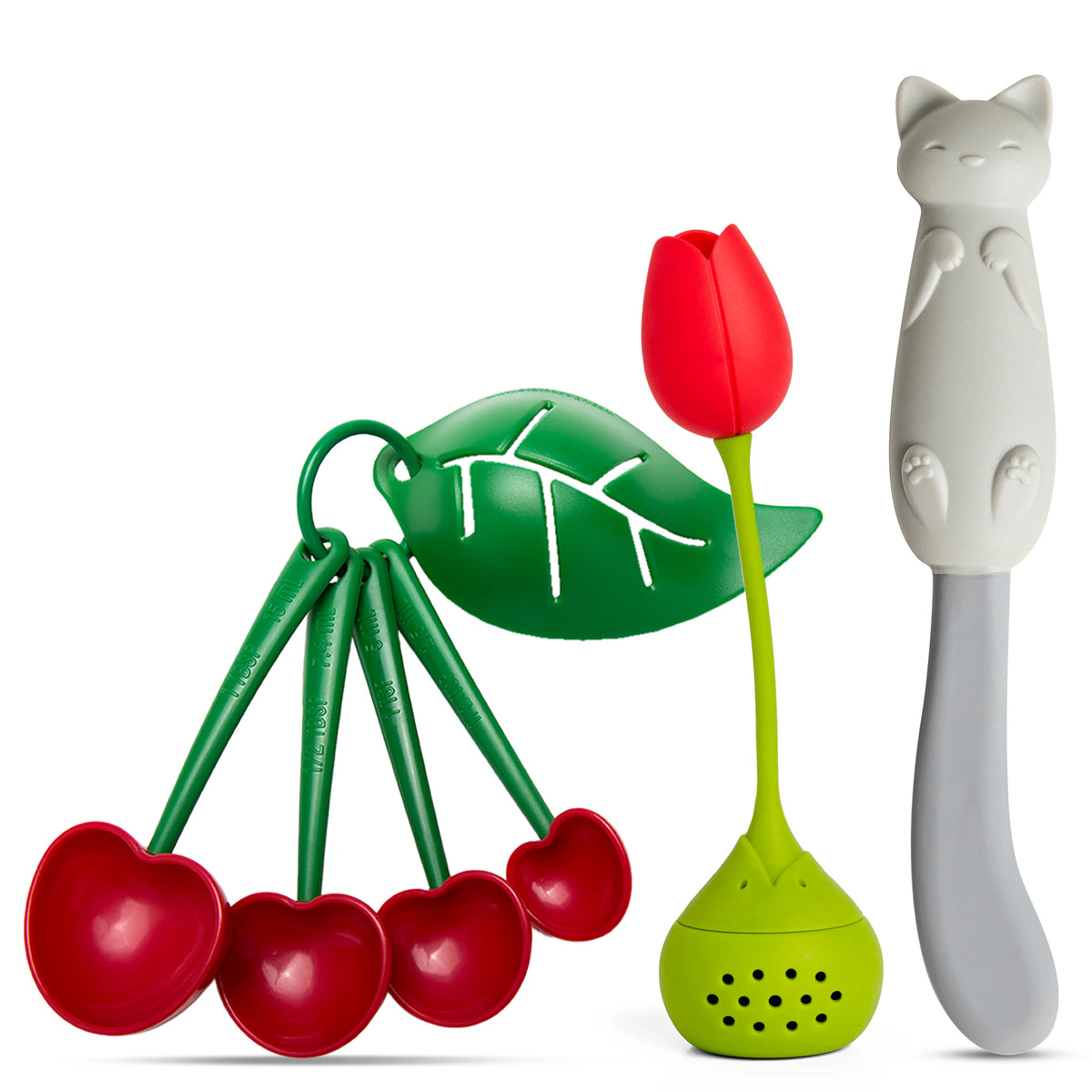 Mary Cat, Tulip, and Mon Cherry kitchen utensils: heart spoons, Tulip infuser, cat knife with gray handle.