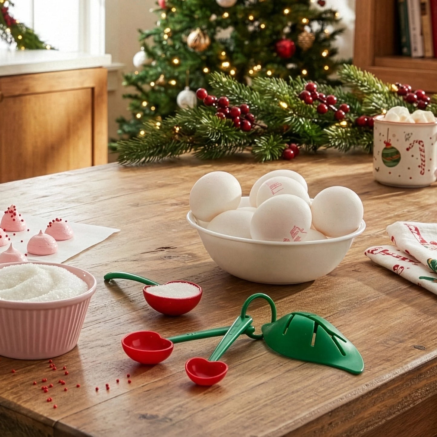 A holiday kitchen scene with Mon Cherry bath bombs by the Christmas tree, baking tools, and sugar.