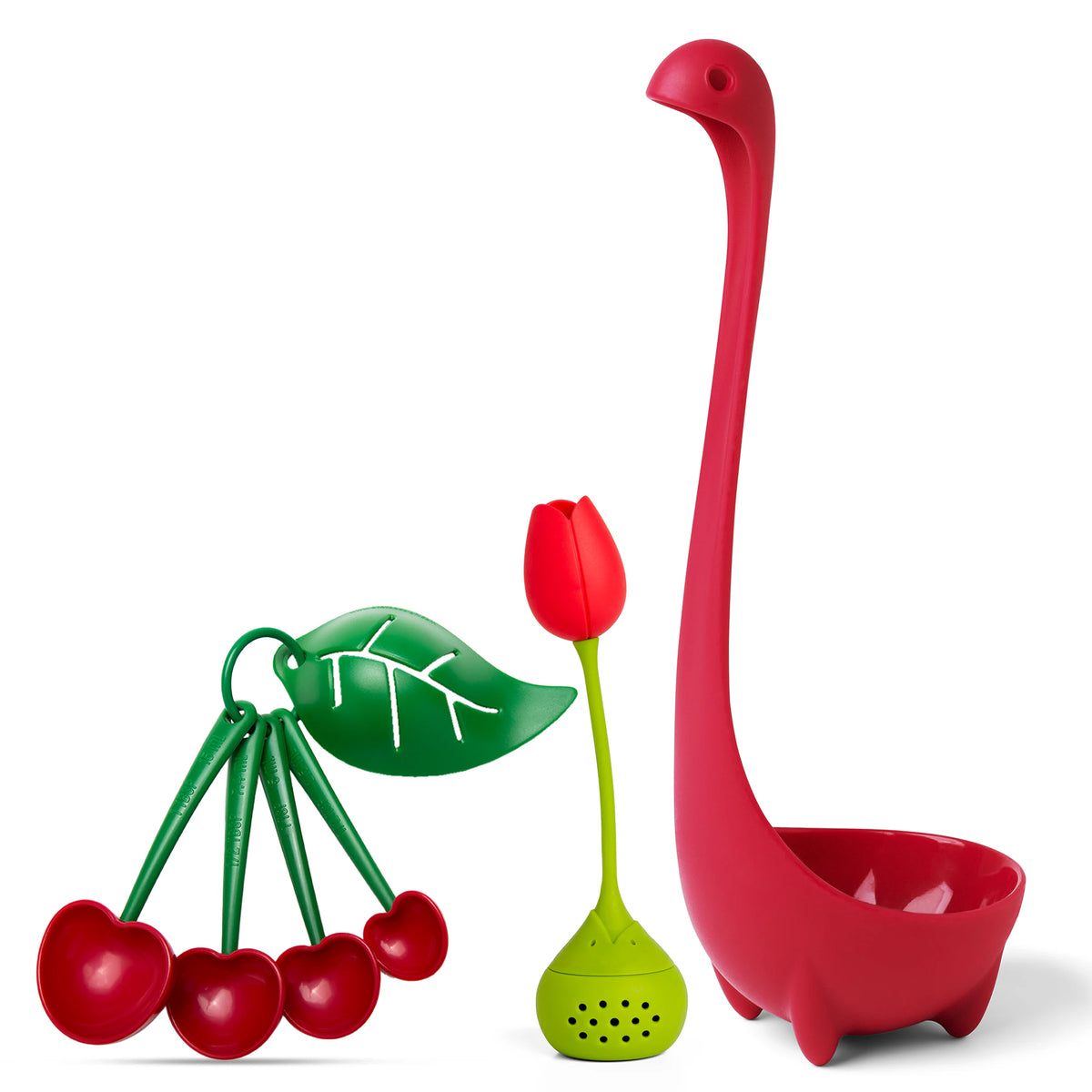 Mon Cherry spoons, red Tulip infuser with green base, and Jumbo Nessie Purple ladle.