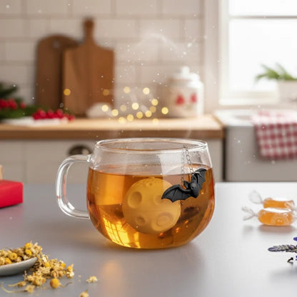 A glass mug of tea with the Moonlit tea strainer and bat charm sits on a kitchen counter.