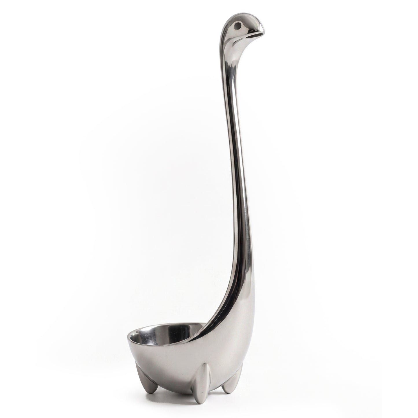 Metal Nessie: OTOTO’s stainless steel dinosaur ladle with a long neck and feet, displayed on white.