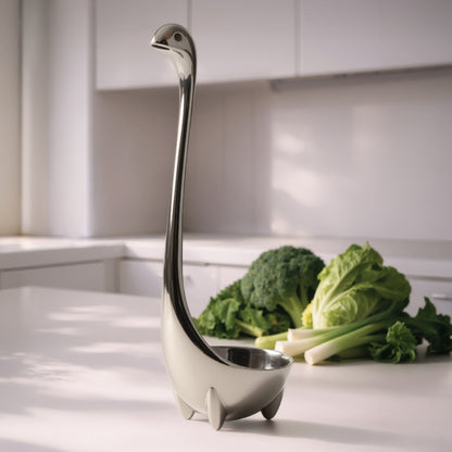Metal Nessie, an OTOTO kitchen companion, is a dinosaur-shaped ladle for your vegetables.