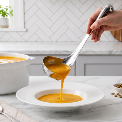 A hand pours soup from the Metal Nessie ladle into a white bowl on a marble countertop.
