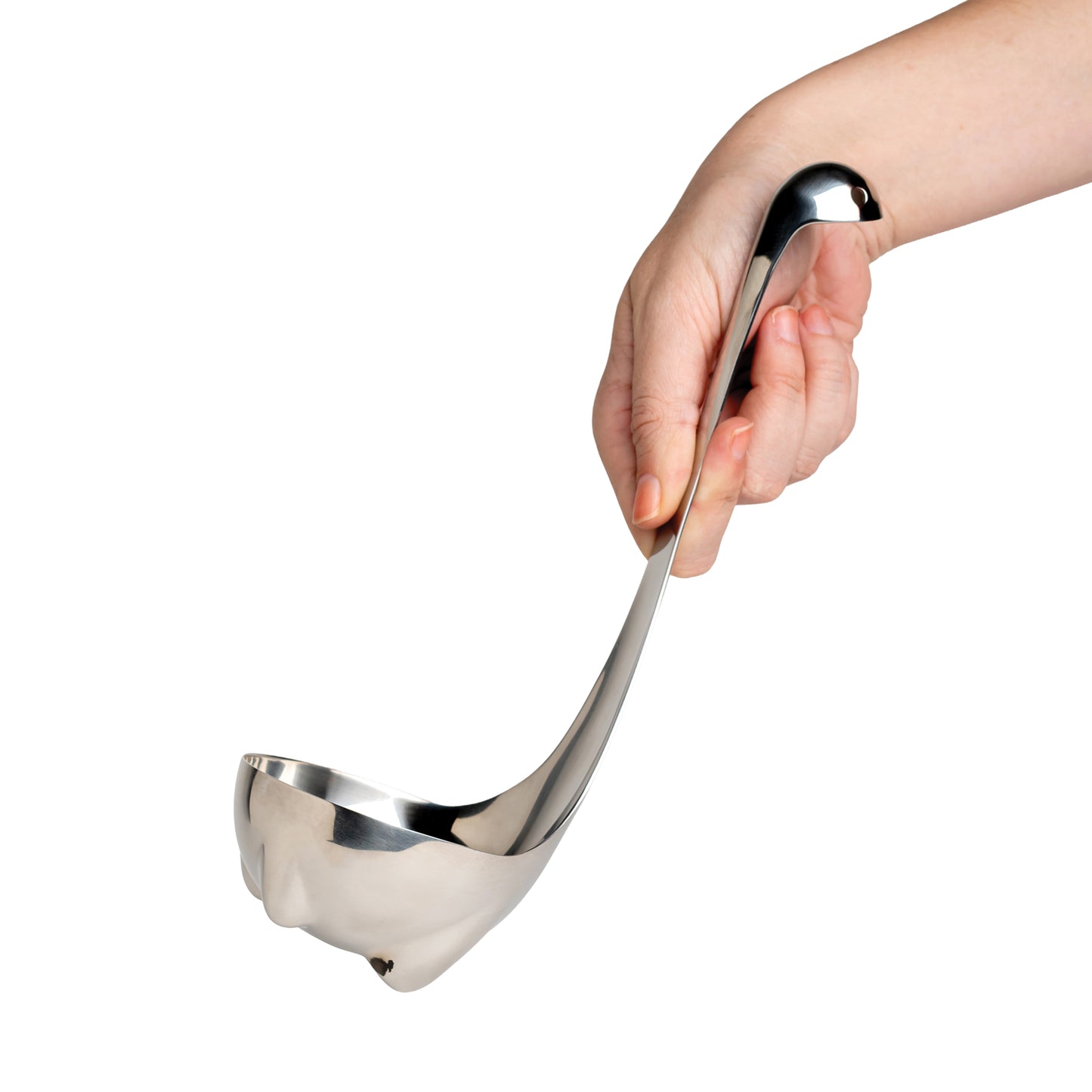 A hand holds the Metal Nessie stainless steel ladle, a perfect kitchen companion, against white backdrop.
