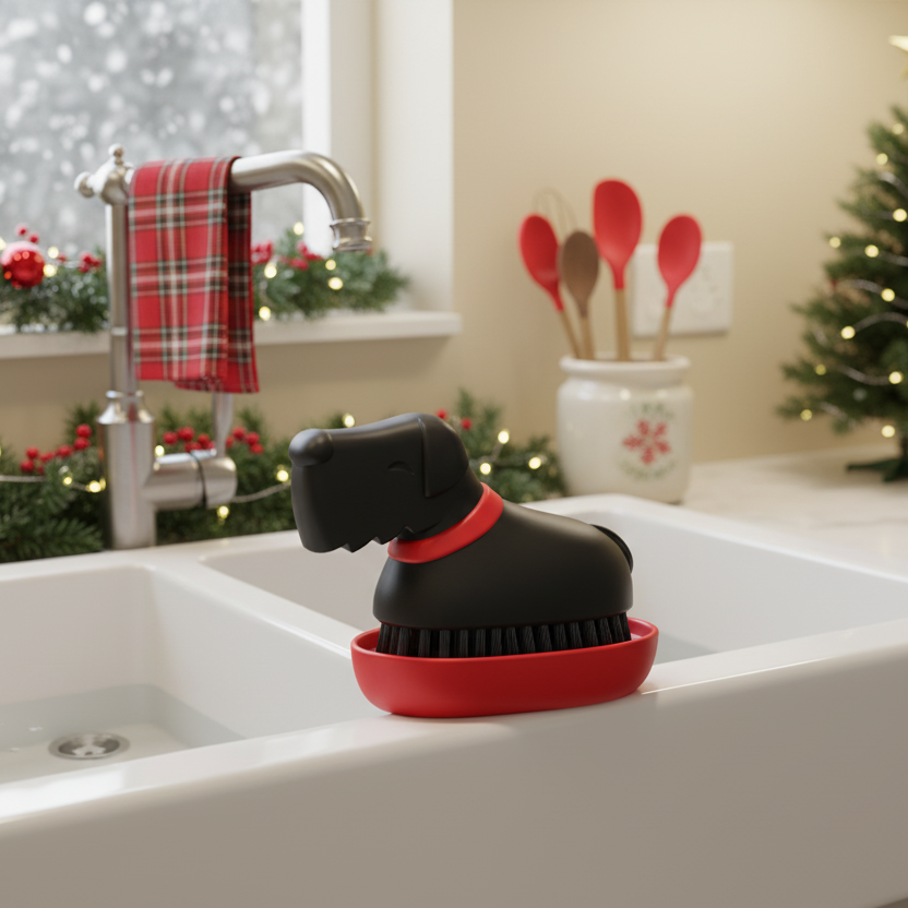 Oscar dog-shaped scrub brush brightens up your sink with festive cheer and holiday-themed decor.