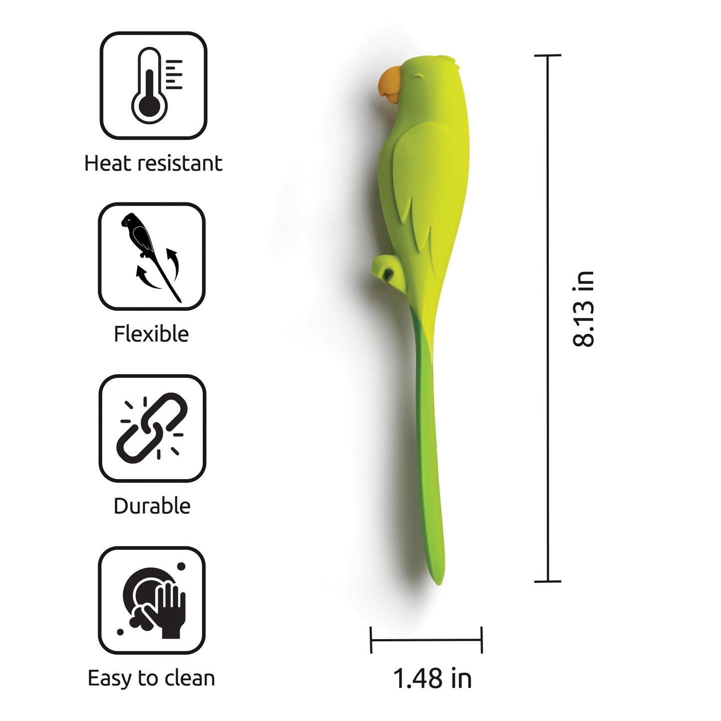 Parry, the green parrot-shaped OTOTO silicone spatula, is heat-resistant, flexible, and easy to clean.