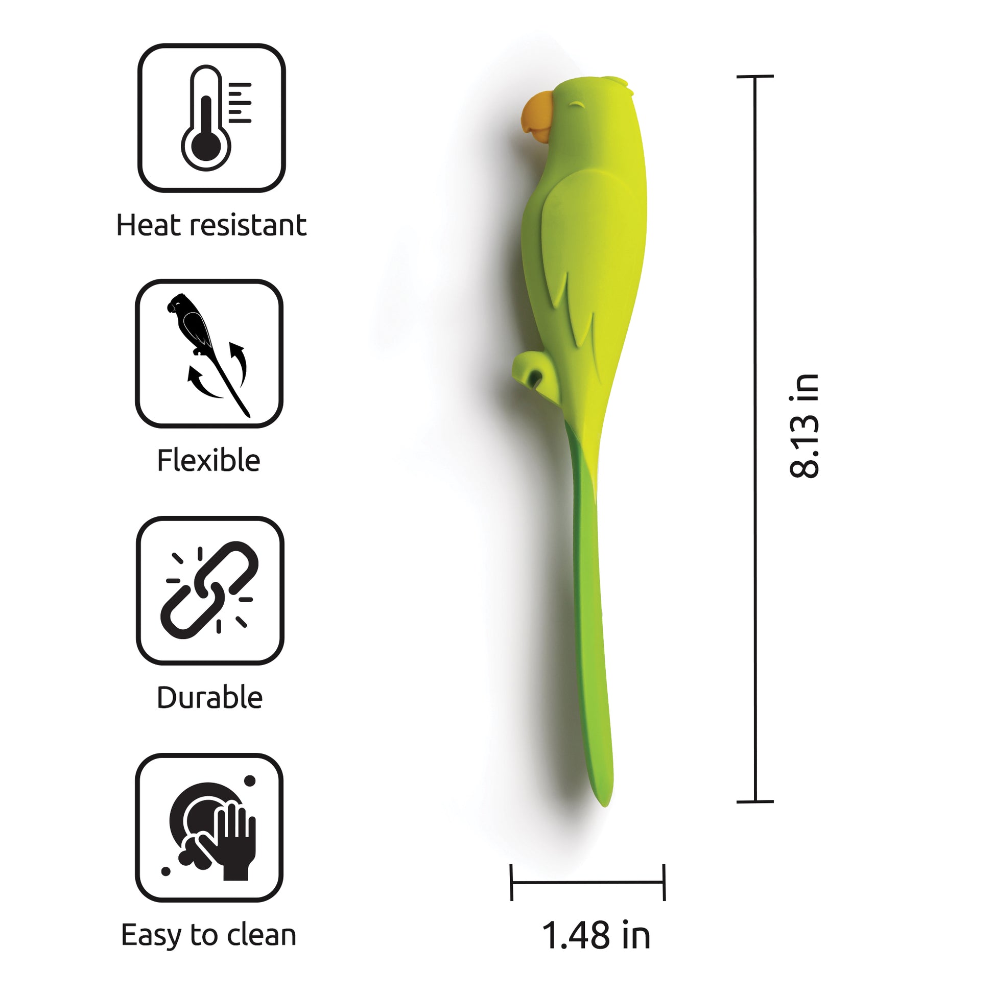 Parry, the green parrot-shaped OTOTO silicone spatula, is heat-resistant, flexible, and easy to clean.