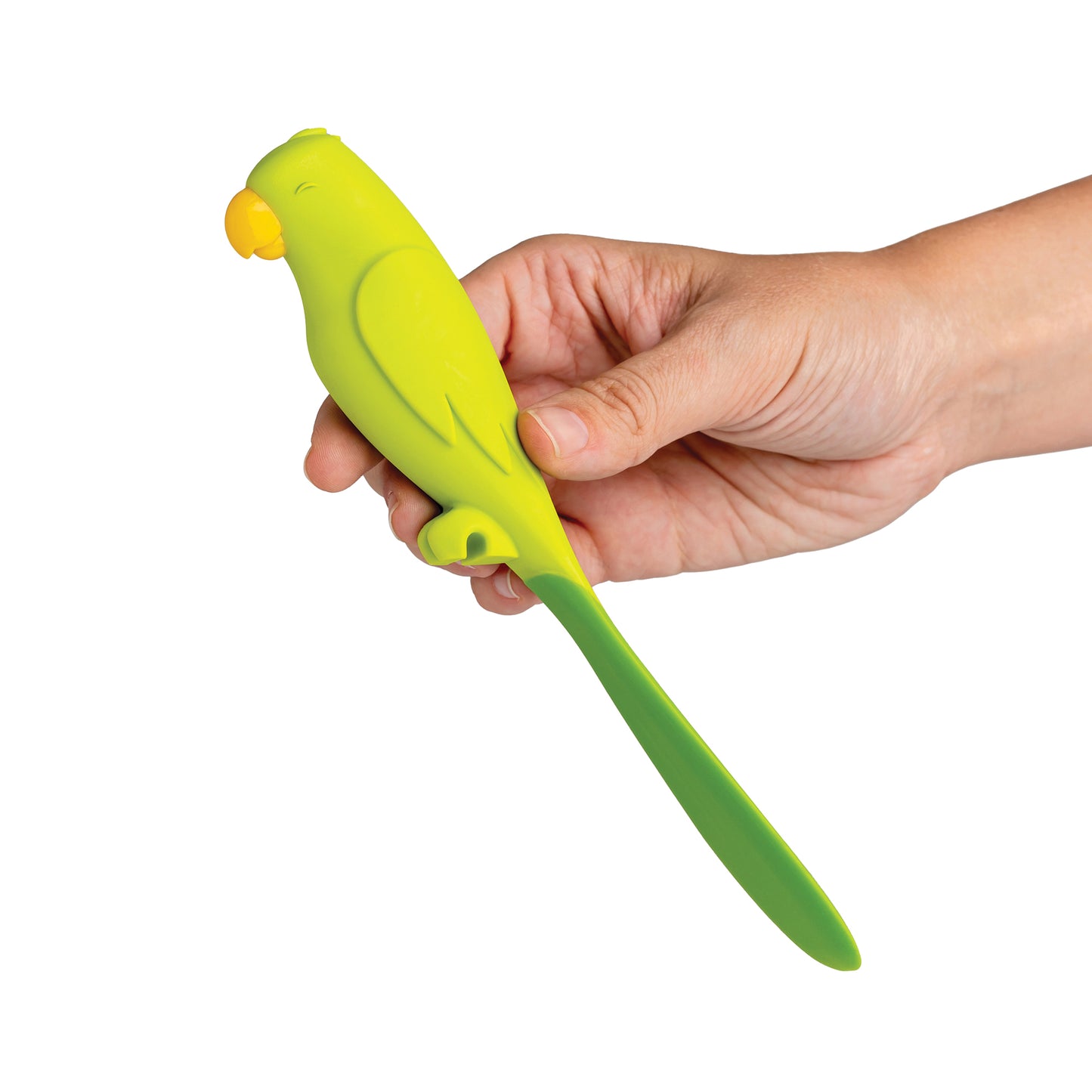 A hand holding OTOTO's Parry, a green parrot-shaped silicone spatula.