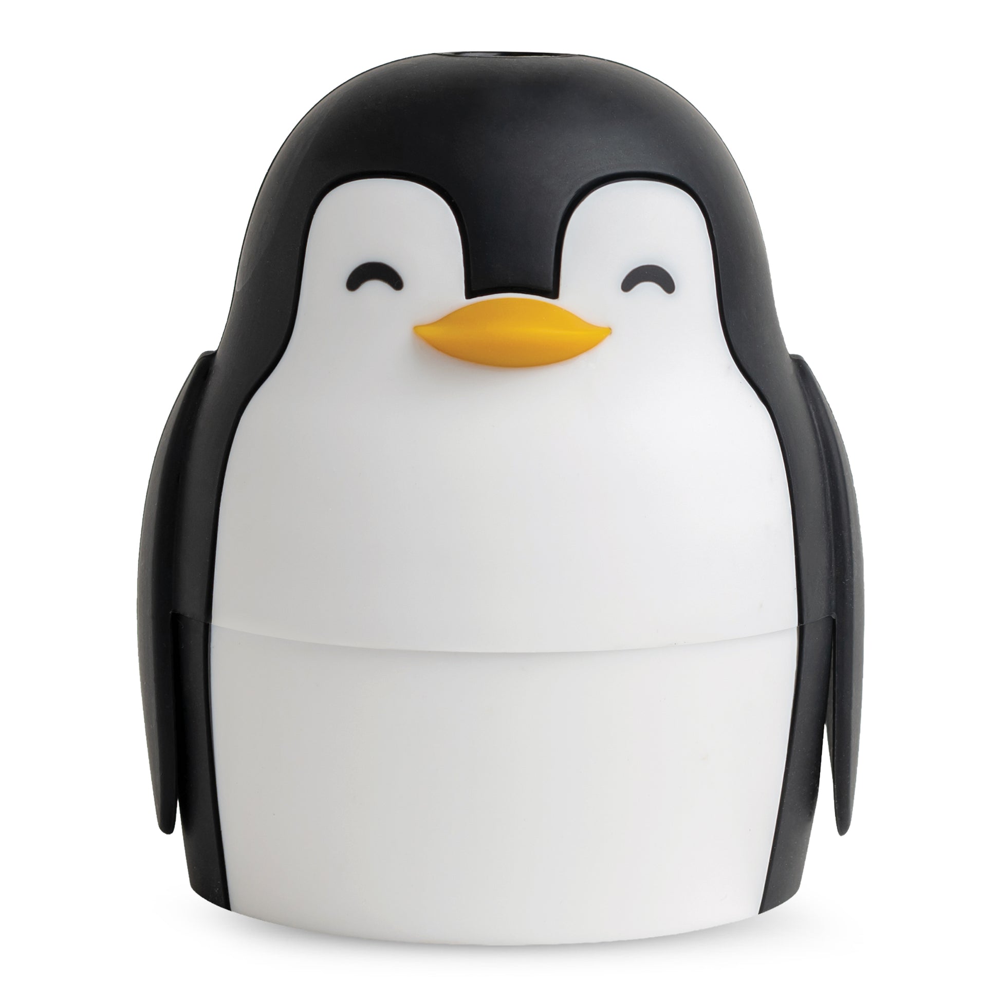 Penny, the cute penguin ice mold, makes round, slow-melting ice spheres with a smiling face.