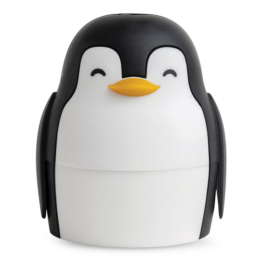 Penny, the cute penguin ice mold, makes round, slow-melting ice spheres with a smiling face.