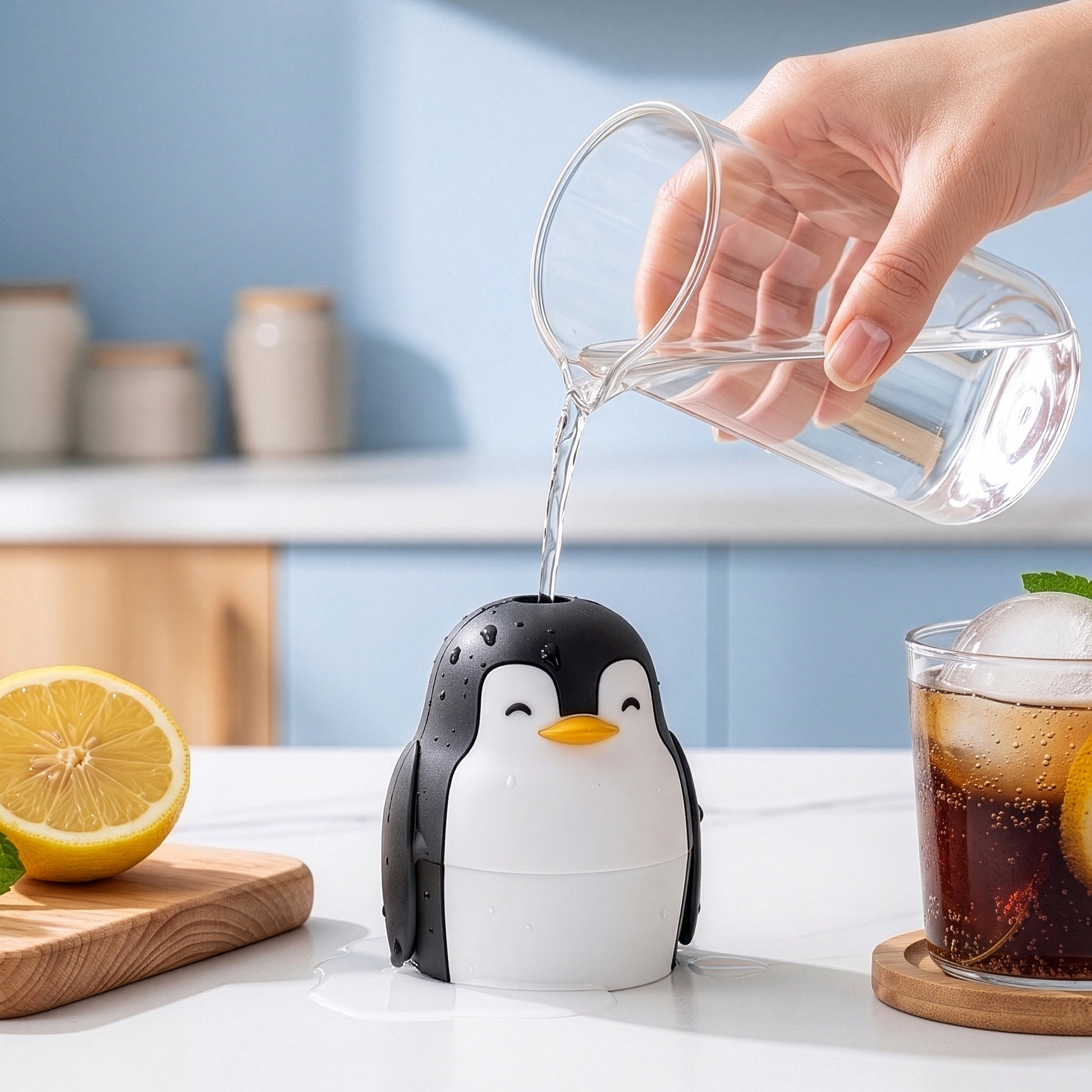 A hand pours water into a Penny ice mold, making slow-melt ice on a counter with lemon drinks.