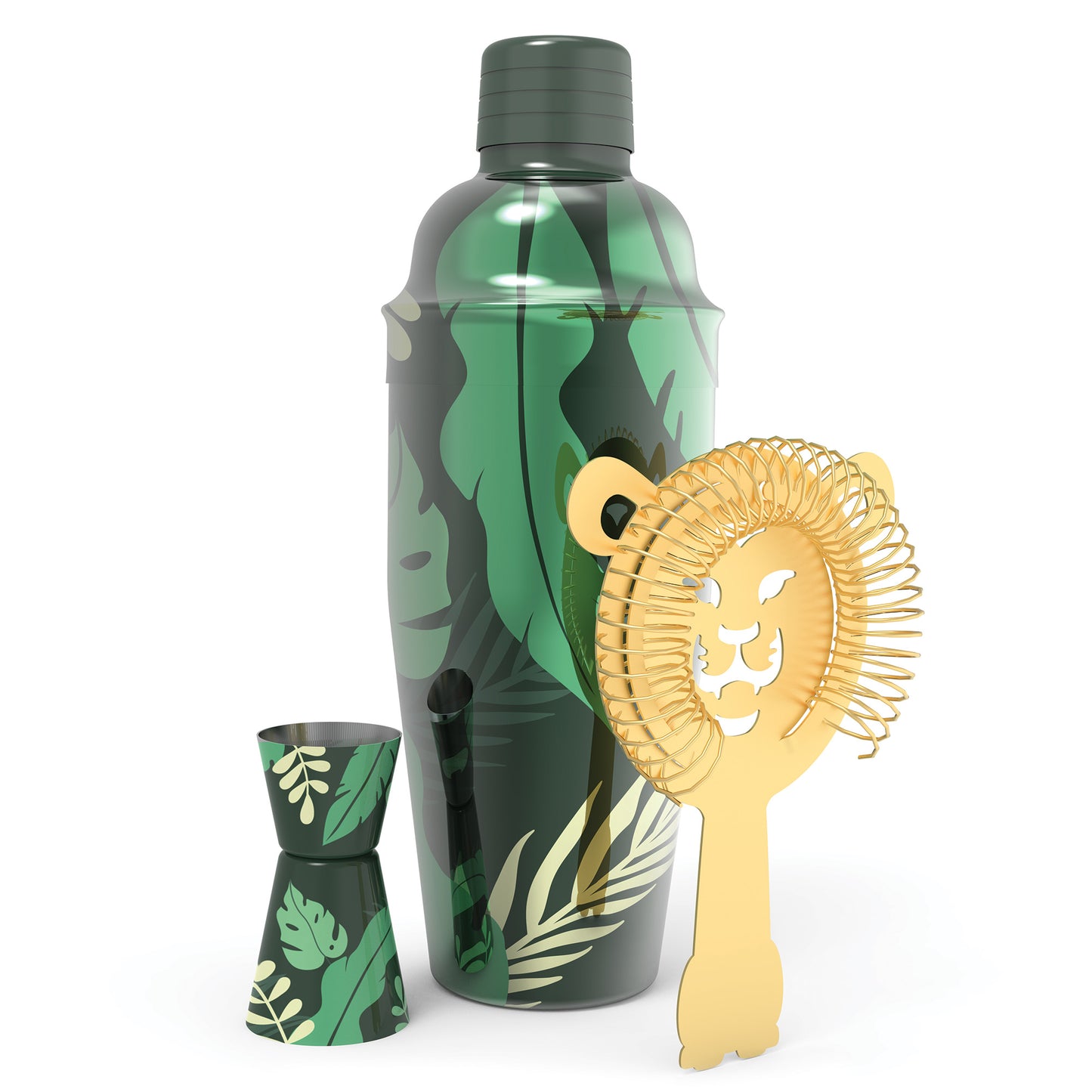 Sip Safari: Leaf-patterned green cocktail shaker set with gold lion strainer—unique home bar accessory.