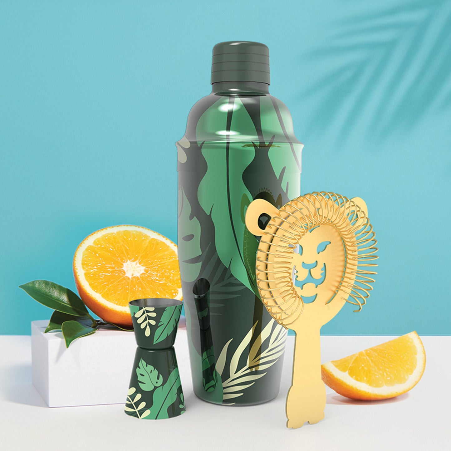 Sip Safari: jungle-themed green cocktail shaker set, unique barware with a citrus-inspired design.