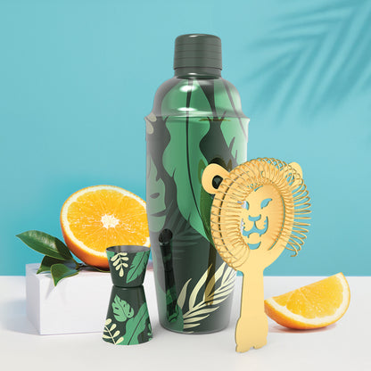 Sip Safari: jungle-themed green cocktail shaker set, unique barware with a citrus-inspired design.