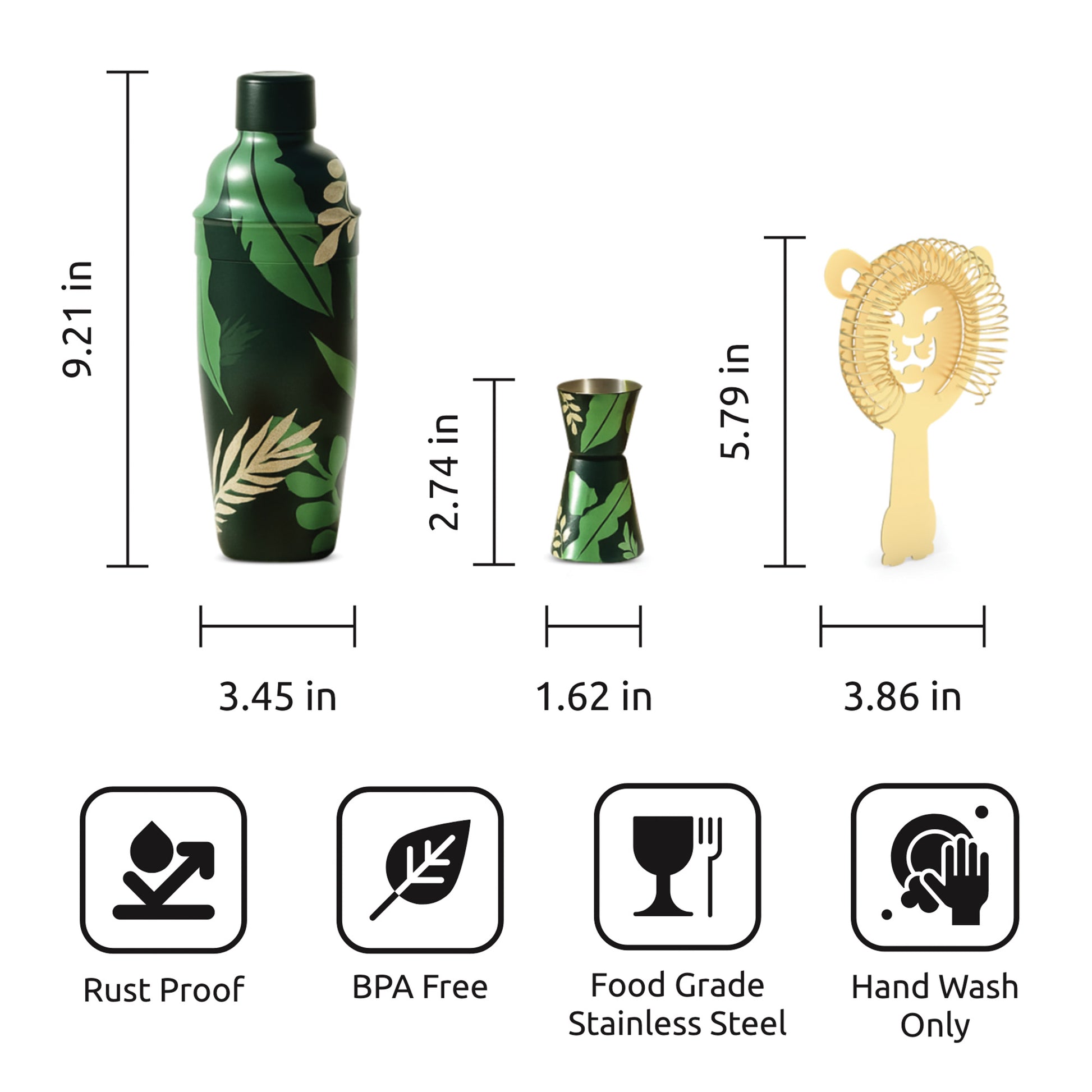 Sip Safari: green cocktail shaker set with leaf and lion designs for home bartenders.
