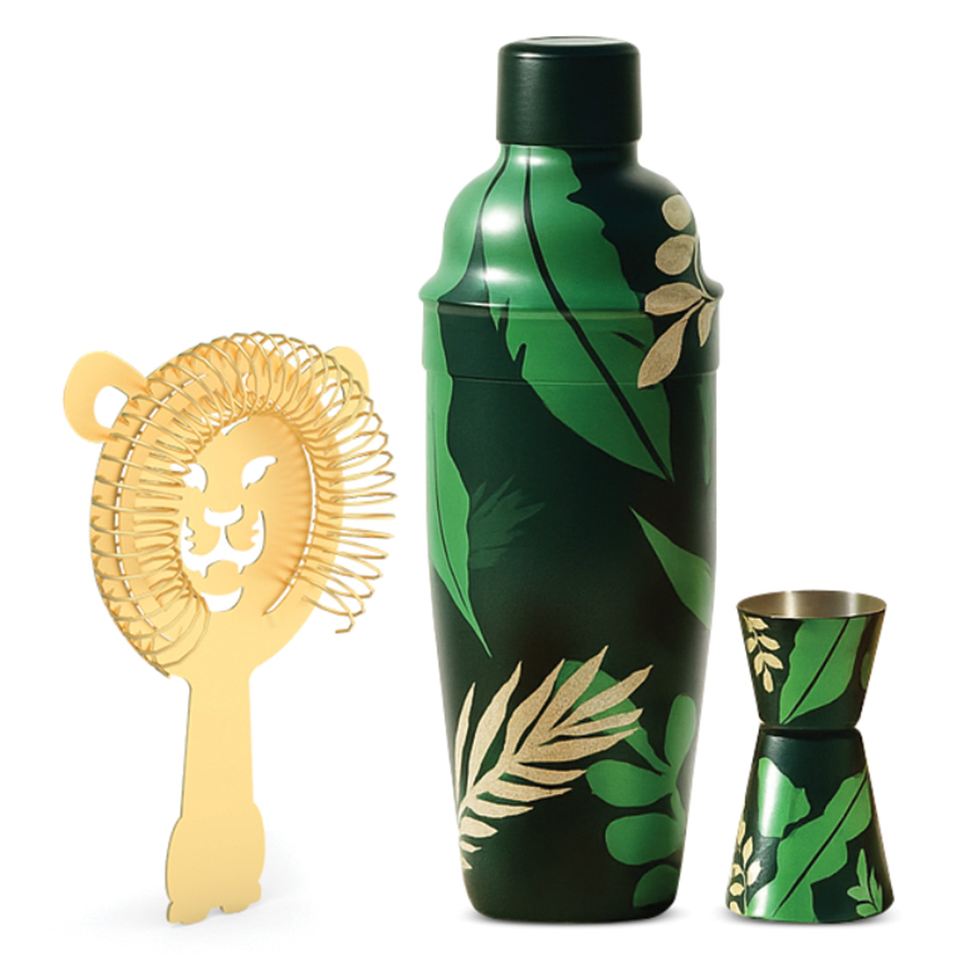 The Sip Safari cocktail shaker set features a lion-shaped strainer and jigger—ideal for home bartenders.