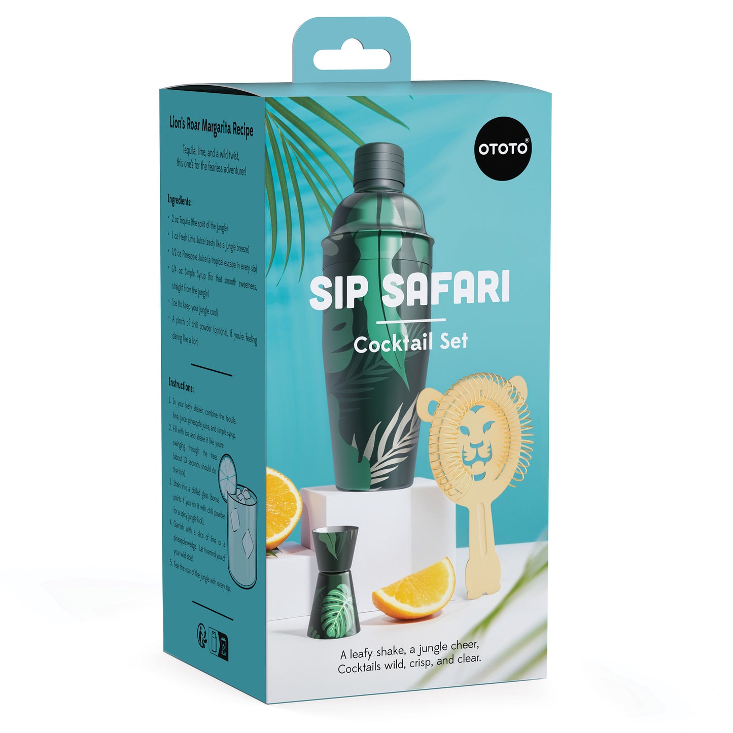 Sip Safari box: green shaker, jigger, lion strainer—ideal kit for home bartenders.