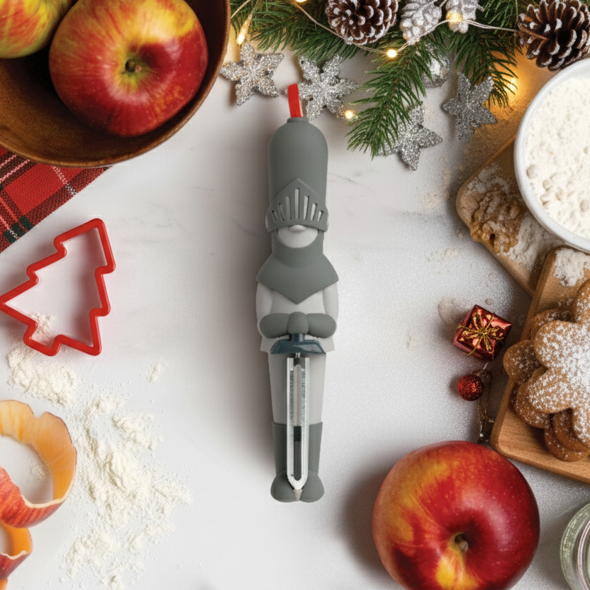 Sir Peels A-lot, the knight-shaped peeler by OTOTO, sits on a festive table with apples and cookies.