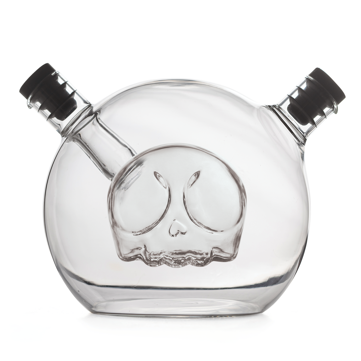 Skully oil & vinegar dispenser: clear glass, dual necks, skull design on white background.