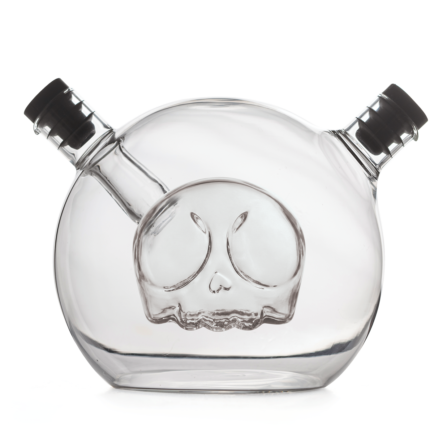 The Skully-Olio is a clear glass oil and vinegar dispenser with two necks and a skull on the front.