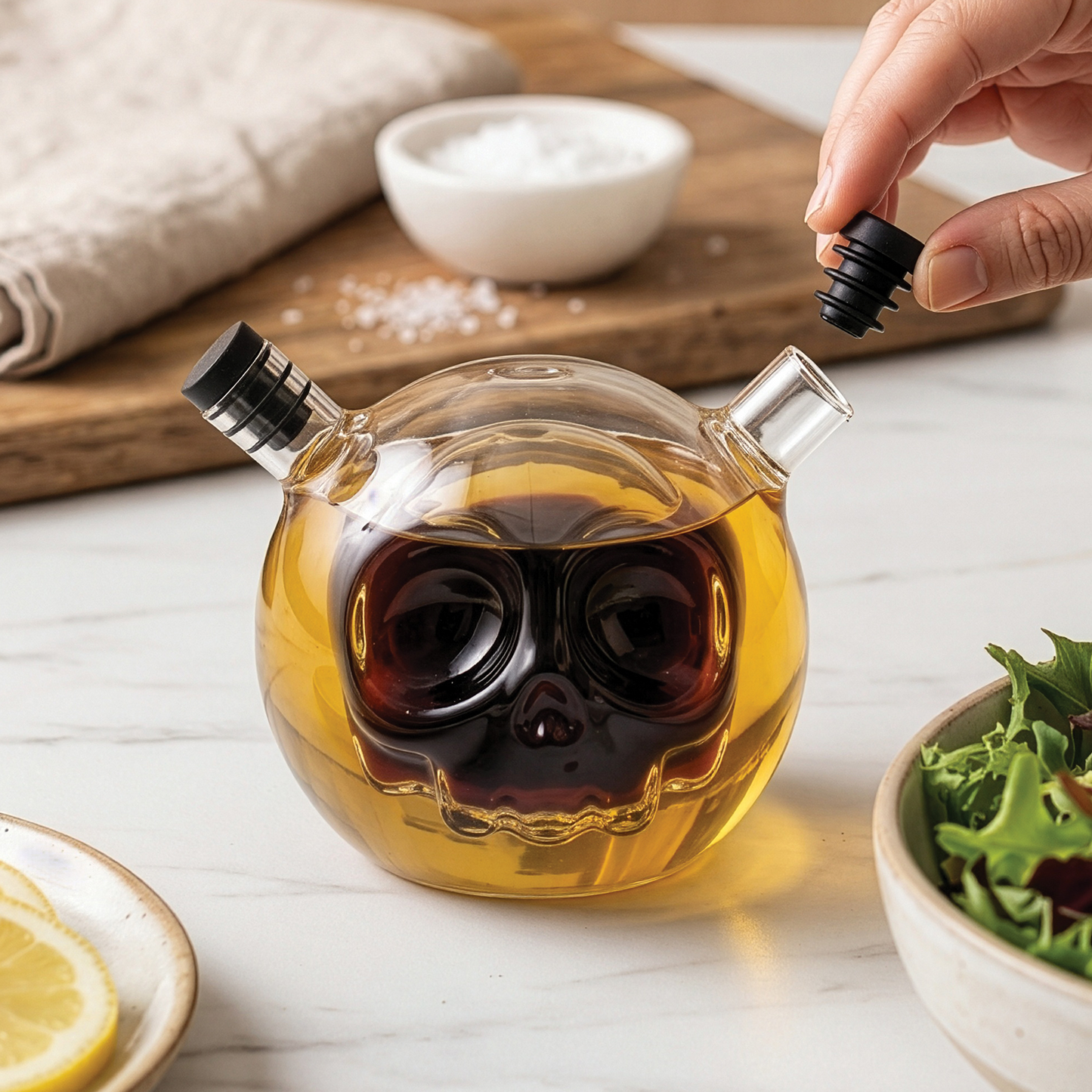 A Skully-Olio skull-shaped oil and vinegar dispenser, with one cap being removed by a hand.