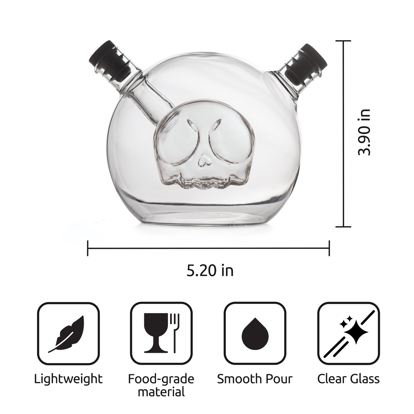 Skully-Olio clear glass flask with skull design—unique oil and vinegar kitchen dispenser.