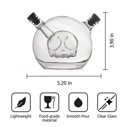 Skully-Olio clear glass flask with skull design—unique oil and vinegar kitchen dispenser.