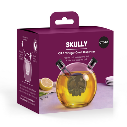 Box for Skully-Olio by OTOTO—a quirky oil and vinegar dispenser with a skull-shaped charm.