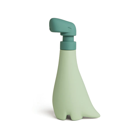 Meet Soapasaurus, the OTOTO soap dispenser, a green dinosaur with a long neck and tail.