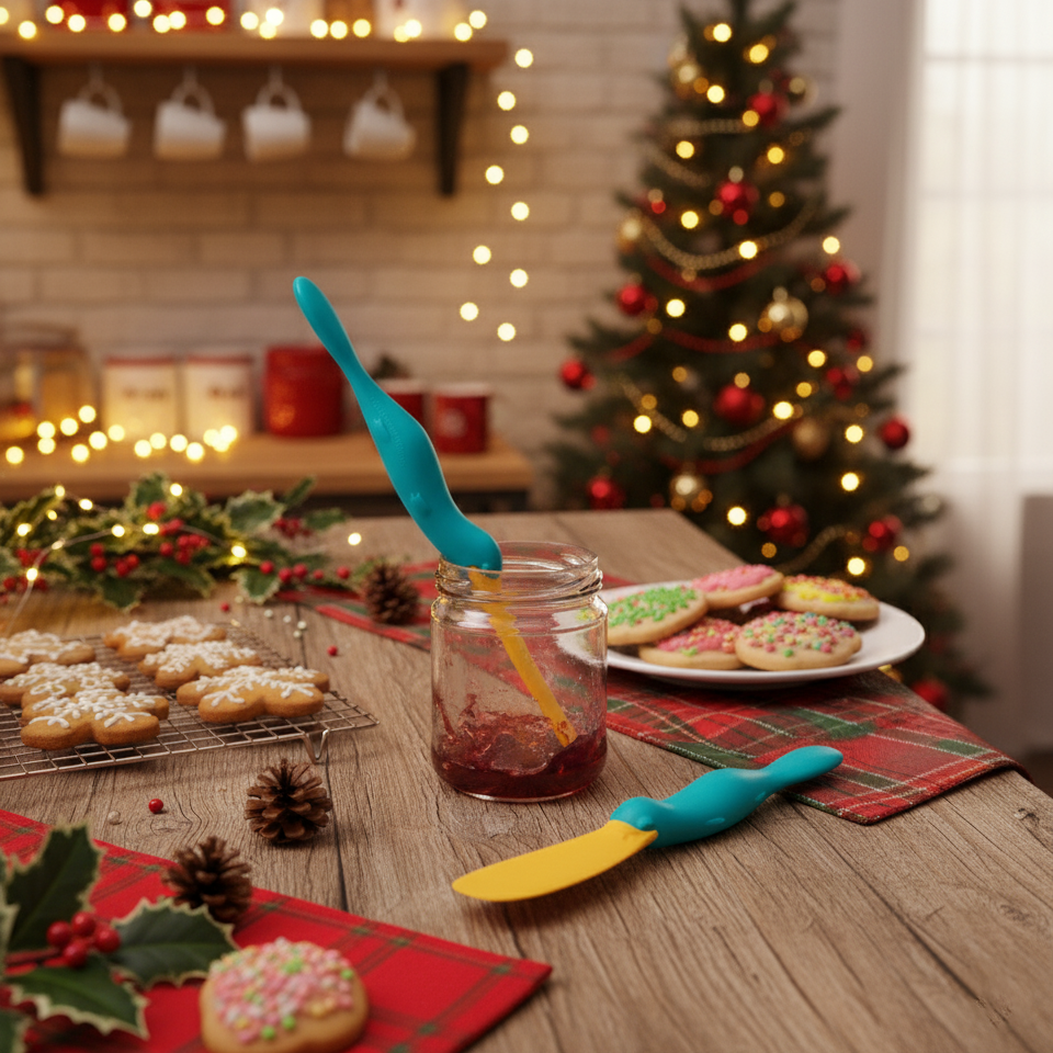 Christmas cookies and jam with a Splatypus jar scraper on a festive table, tree and lights behind.