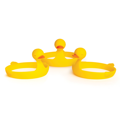 Three Sunny Side Duck holders, yellow and duck-shaped, in a semi-circle on a white background.