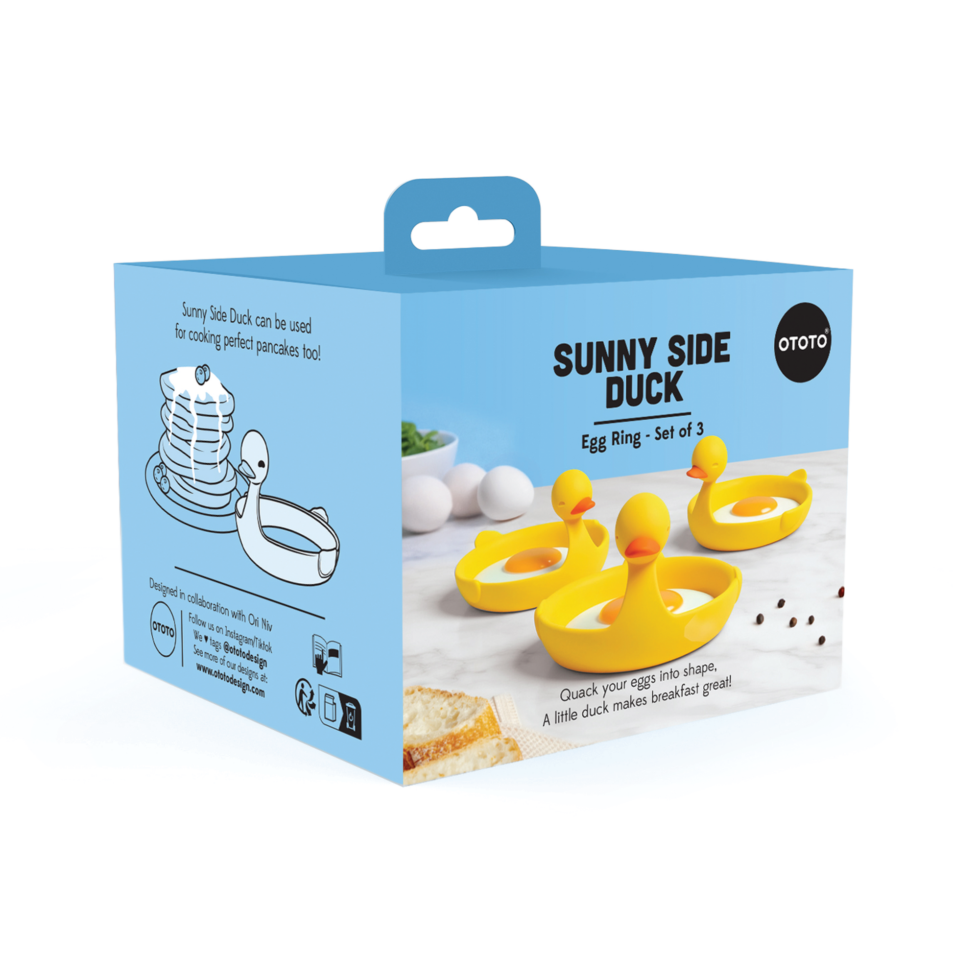 Blue box packaging for Sunny Side Duck, with three yellow duck-shaped egg ring holders.