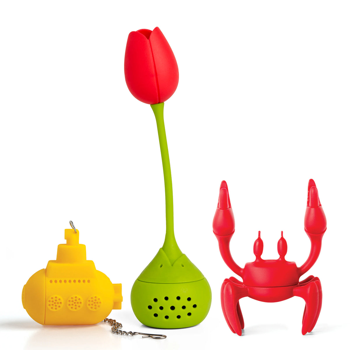 A Tea Sub and Tulip infuser with a red crab infuser on a white background.