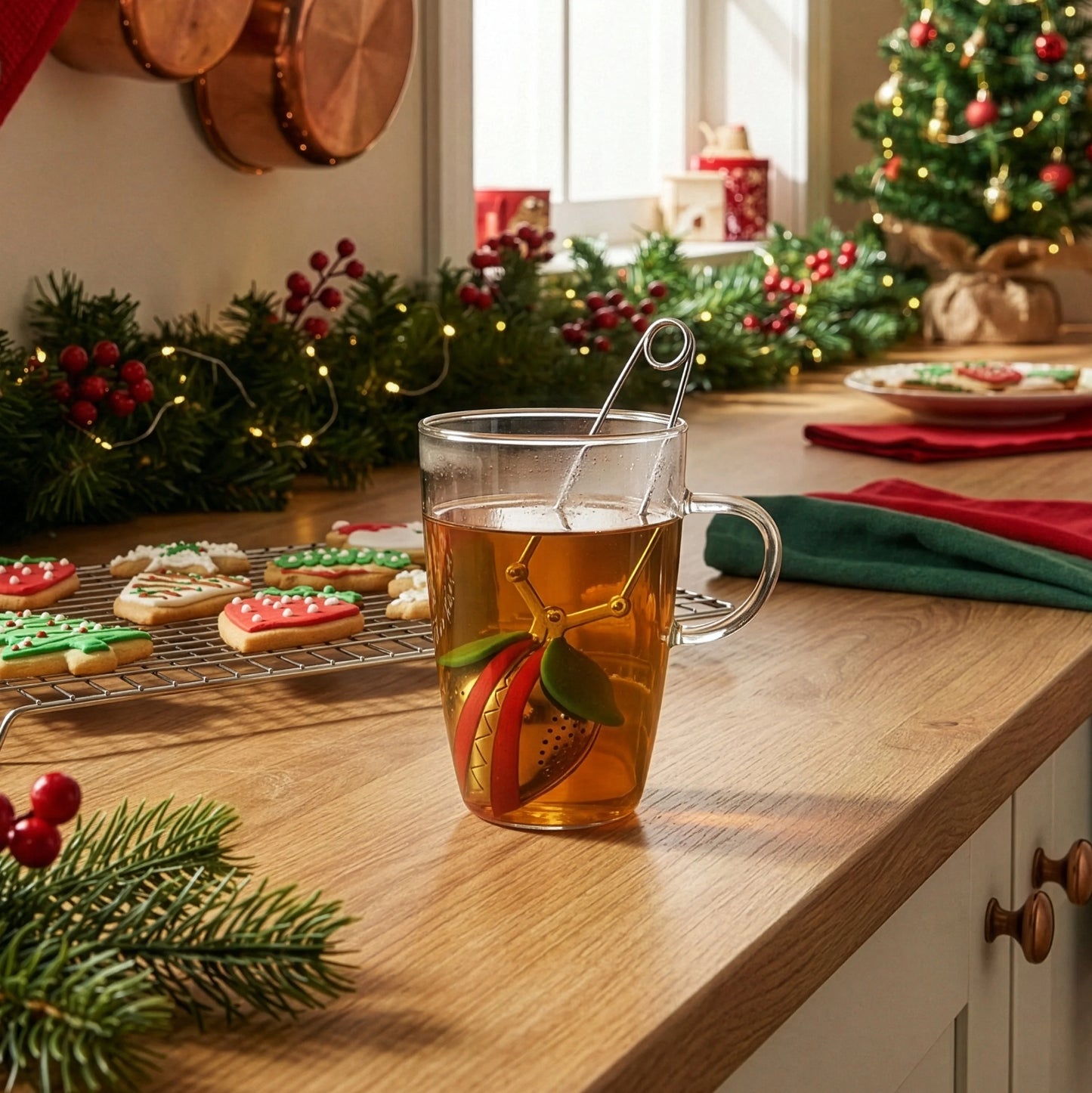 Glass mug of tea with a Tea Trap infuser, Christmas cookies, and tree in the background.