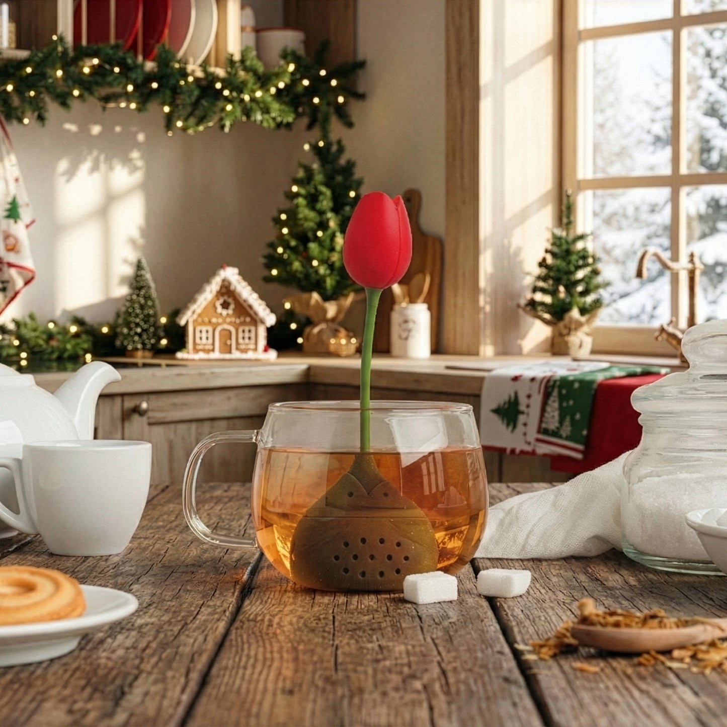 A Tulip tea infuser sits in a teacup on a festive, Christmas-decorated kitchen table.