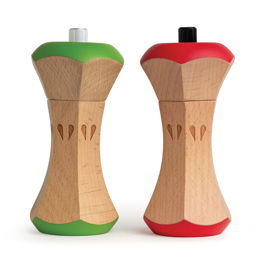 Twin Spice: Two apple core-shaped manual grinders, ideal as a salt and pepper set for your kitchen.