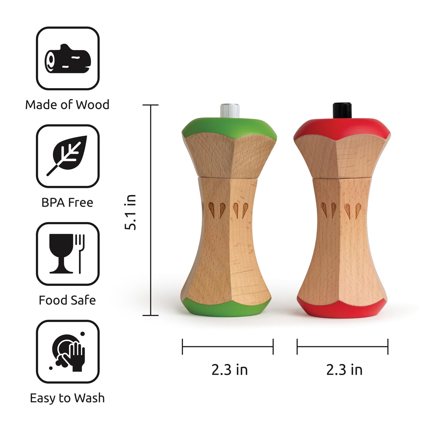 Twin Spice: Two 5.1” wooden manual grinders (green/red caps)—perfect for salt and pepper.