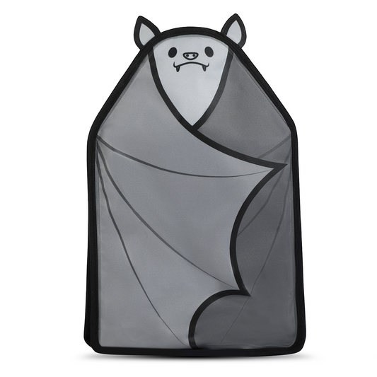 Gray Vino wine cooler by OTOTO—bat-shaped with a cute cartoon bat face, wings, and black outline.