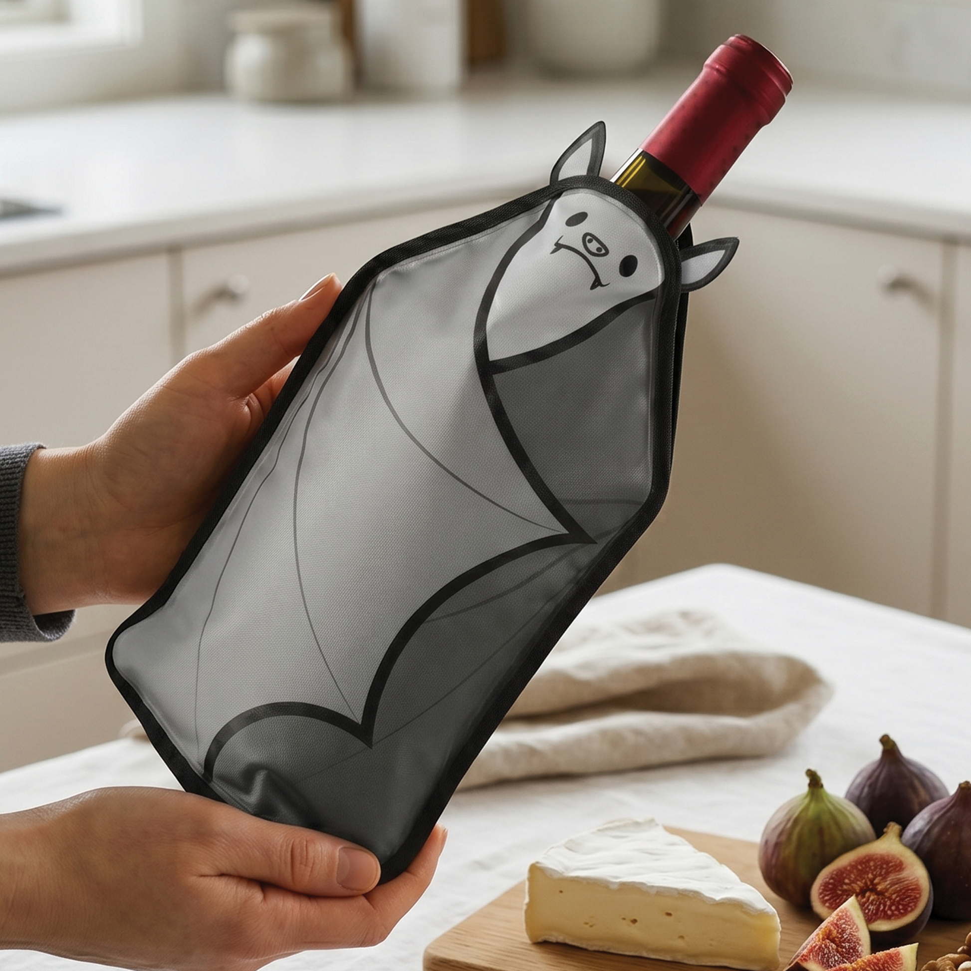 Someone holds a Vino bat-shaped wine cooler sleeve in the kitchen near cheese and figs.