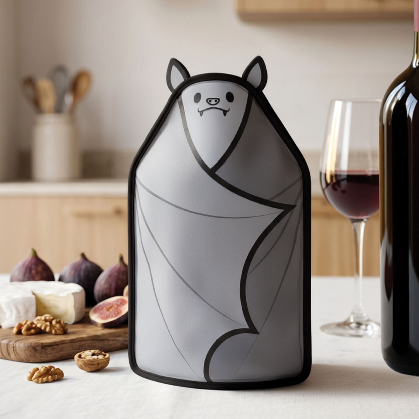 A wine bottle in a Vino bat-shaped wine cooler sleeve sits cutely on a dining table.