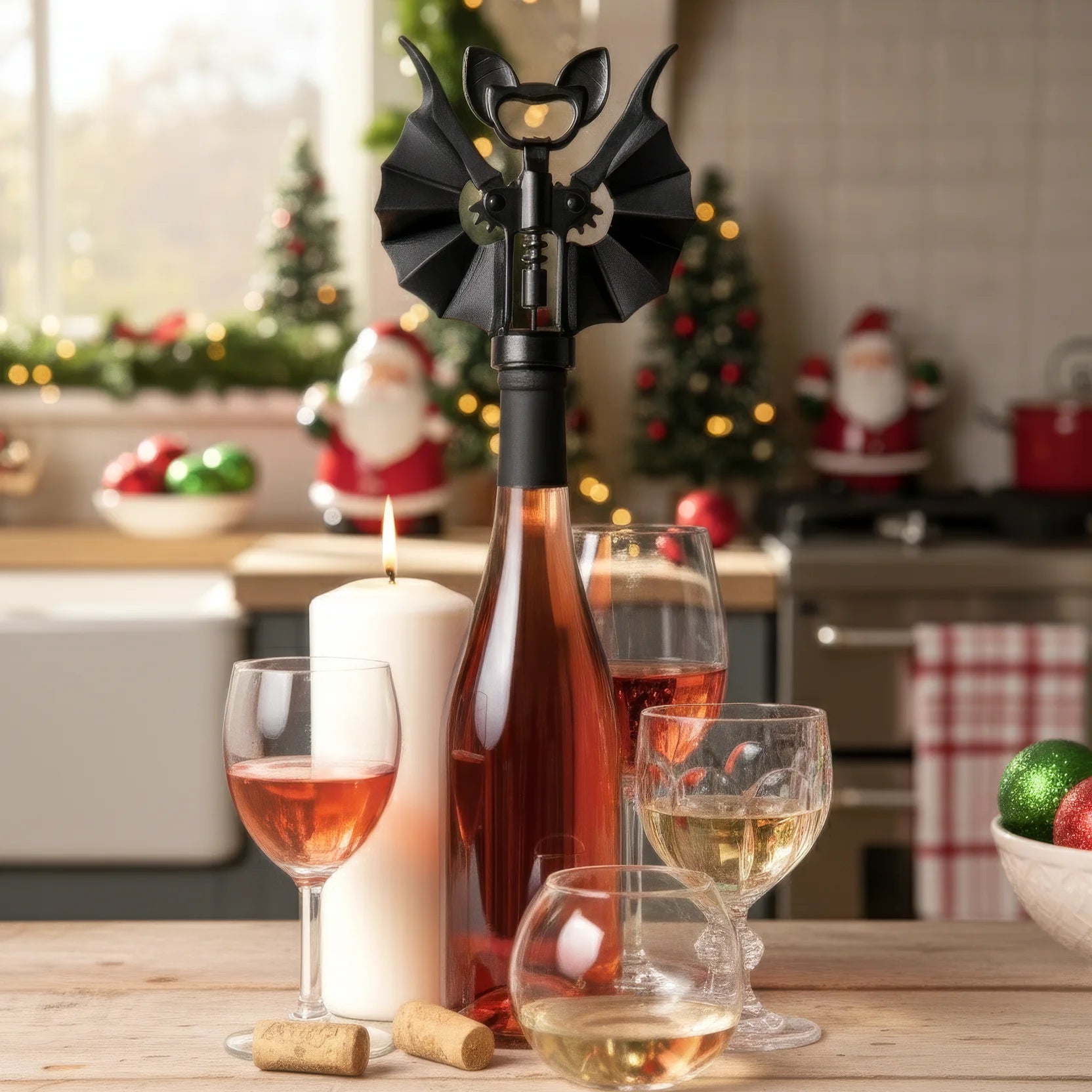 A Vino bat-shaped OTOTO corkscrew on a wine bottle with glasses and holiday decor in the kitchen.