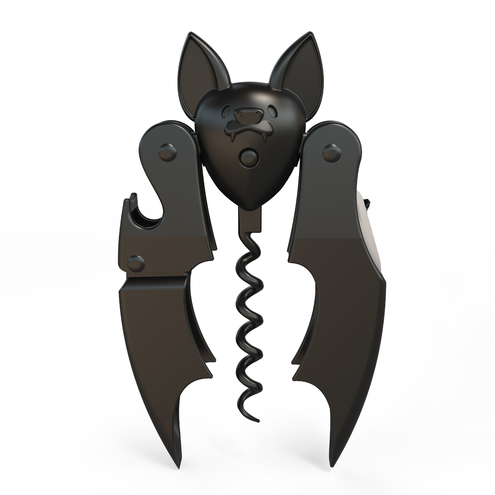 OTOTO Vino bat corkscrew bottle opener stands upright, featuring ears, face, and wings on white backdrop.