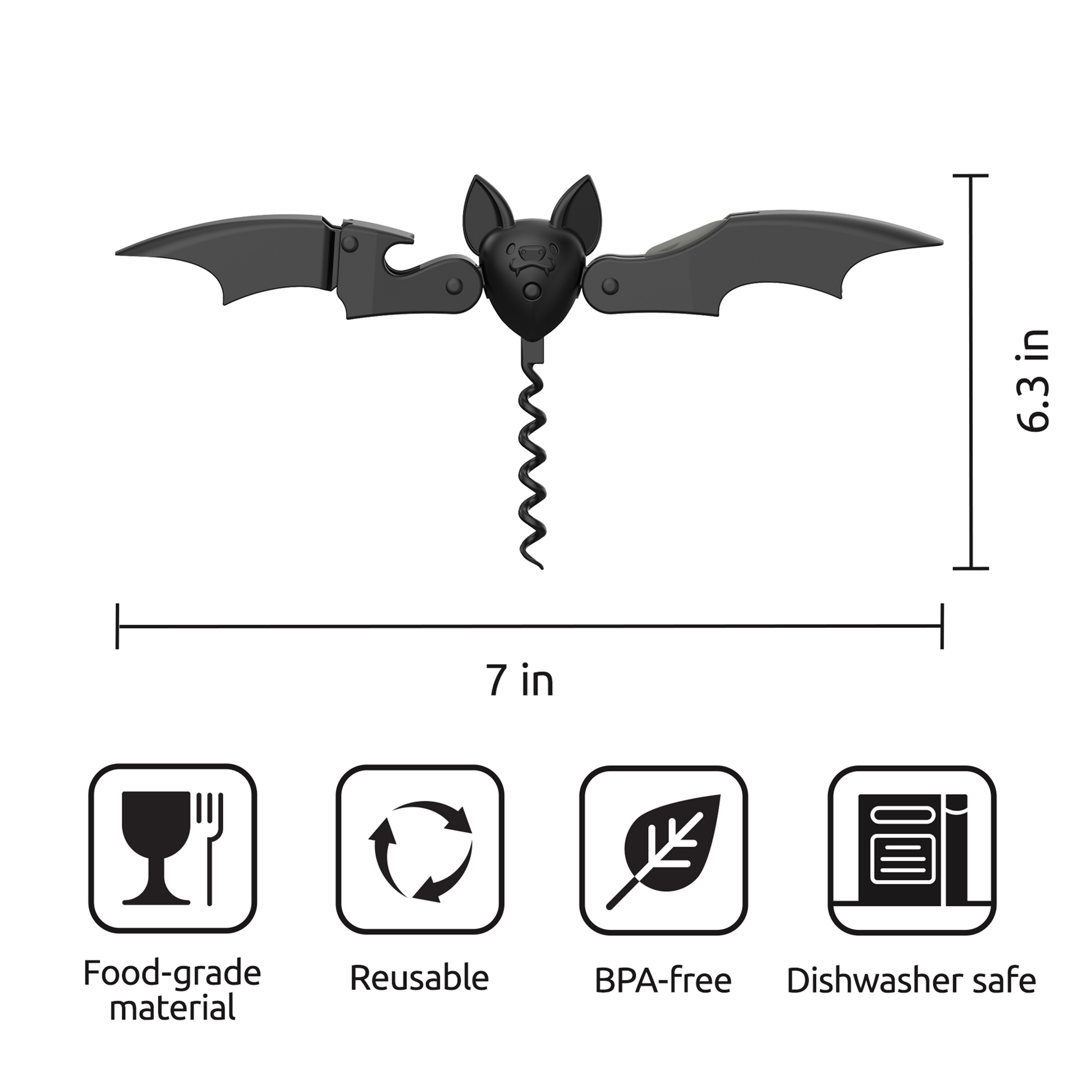 Vino bat-shaped OTOTO corkscrew, wings spread, 7″ wide, 6.3″ tall; food-safe icons below.